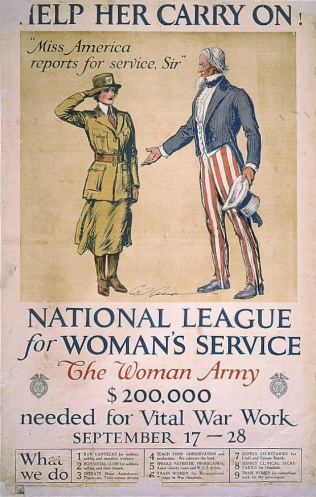 Plakat für die National League für Frauen-Dienst mit zwei Personen nebeneinanderstehend und Text mit Informationen über die Organisation.