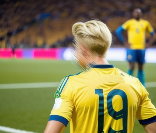 Ein Fußballspieler mit blonden Haaren steht auf einem Feld, trägt ein gelbes T-Shirt und blaue Shorts und hat einen unscharfen Hintergrund.