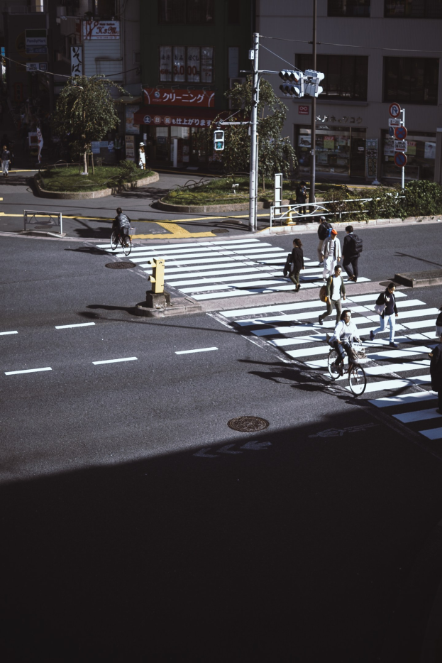Eine Gruppe von Menschen überquert die Straße an einer Ampel mit einem Mann auf einem Fahrrad im Vordergrund und Gebäuden, Bäumen, Pfählen, Verkehrszeichen, Schildern und Pflanzen im Hintergrund.