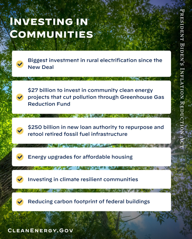 Plakat mit Bäumen und Himmel im Hintergrund, mit dem Text "Investing in Communities: Größtes Investition in ländliche Elektrizität seit dem New Deal".