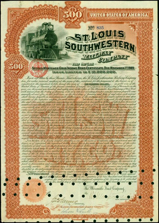 Altes Aktienzertifikat für die St. Louis Southern Railway Company mit einer Illustration eines Zugs und gedruckten Unternehmensdetails.