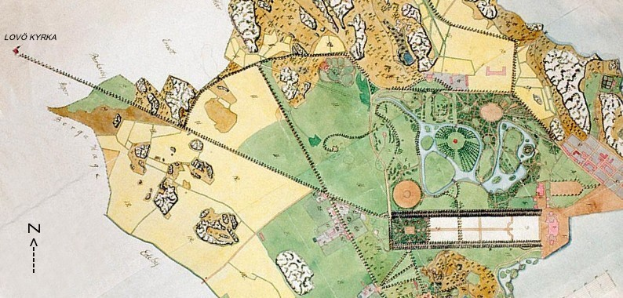 Ein detaillierter Stadtplan mit der Bezeichnung "Lový Kyryka Plan", der Gebäude, Straßen und Bäume zeigt.
