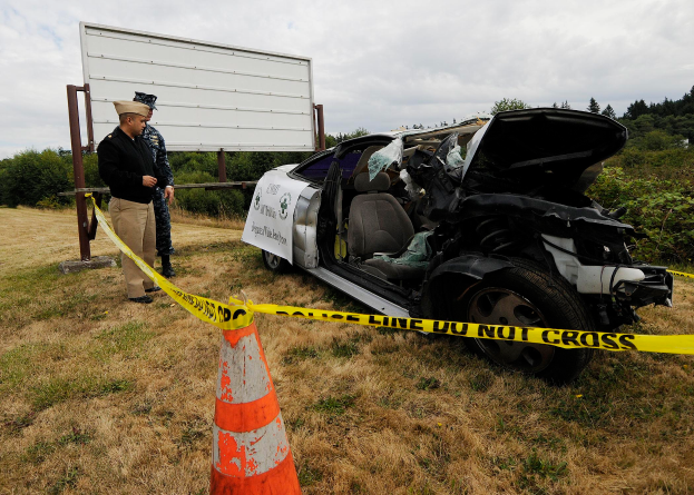 Ein Polizeibeamter in Uniform steht auf dem Gras neben einem schwer beschädigten Auto mit eingedellter Haube und zersplitterten Fenstern, mit einem Verkehrskegel und einem Band an einem Pfahl in der Nähe und Bäumen und einem bewölkten Himmel im Hintergrund.