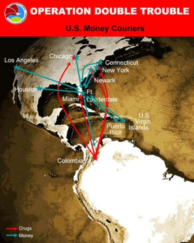 Plakat mit dem Titel "Operation Double Trouble: US-Geldkurier" mit einer Karte der USA, die in zwei Abschnitte unterteilt ist, wobei der obere Abschnitt die Route der US-Geldkurier und der untere Abschnitt eine Karte zeigt, die die Standorte der Geldkurier zeigt, mit fetter schwarzer Schrift auf einem weißen Rand.
