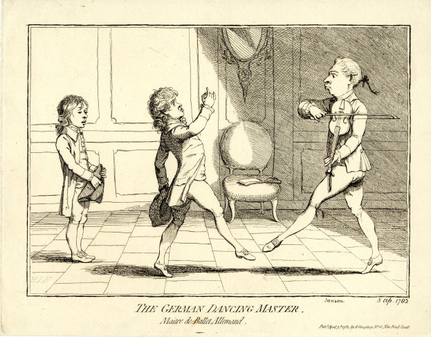 Eine Zeichnung von einem Jungen und einem Mädchen, die in einem Raum mit einem Stuhl und einem Spiegel an der Wand tanzen, mit dem Text "Der deutsche Tanzmeister" unten.