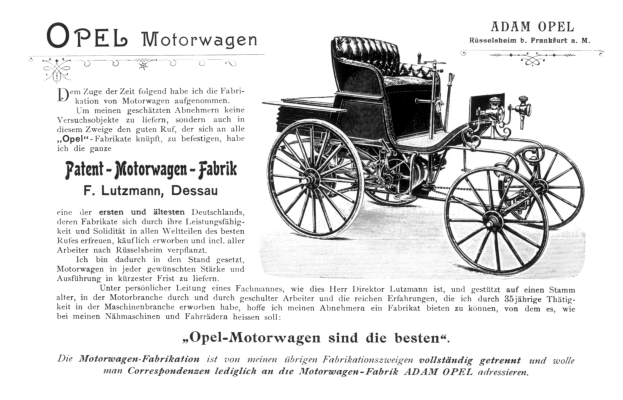 Schwarze und weiße Anzeige für einen Opel Motorwagen, die ein Bild des frühen Fahrzeugs mit begleitendem Text zeigt.