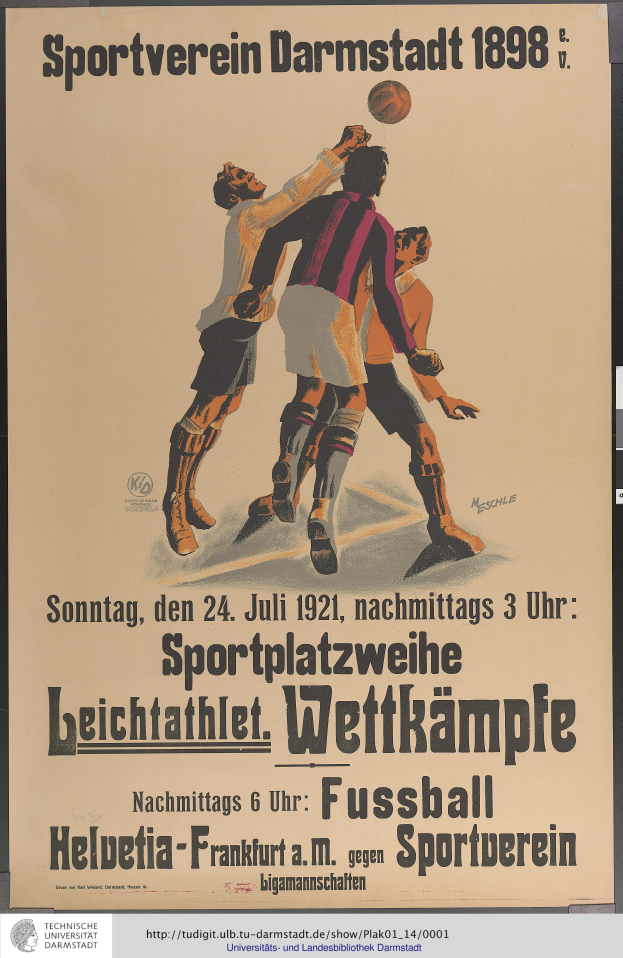 Plakat für ein Fußballspiel mit einer Gruppe von Männern in Fußballtrikots, die aktiv ein Match spielen, mit Text, der das Spiel und die Spieler beschreibt.