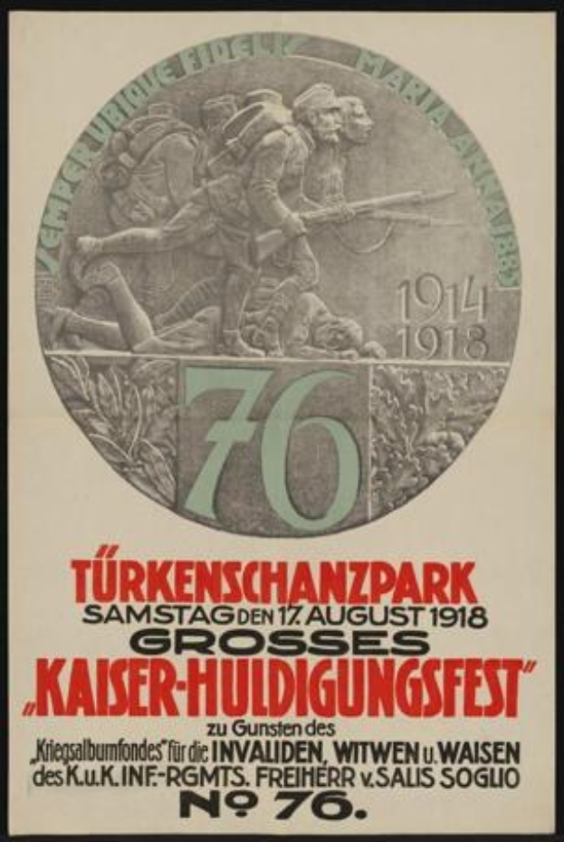 Plakat zum 70. Jubiläum des Kaiser-Huldigungsfestes in Berlin, Deutschland, mit einer Gruppe von Menschen in der Mitte, umgeben von Text und Zahlen und in einem Foto-Rahmen.
