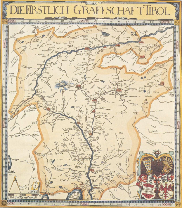 Ein detailliertes historisches Plakat der ersten Grafschaft Tirol mit einer Karte, die geografische Merkmale wie Flüsse, Berge und Städte zeigt, sowie begleitendem Text über die Region und ihre Bewohner.