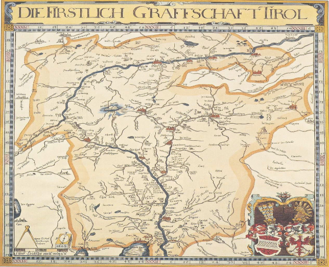 Ein detailliertes historisches Plakat der ersten Grafschaft Tirol mit einer Karte, die geografische Merkmale wie Flüsse, Berge und Städte zeigt, sowie begleitendem Text über die Region und ihre Bewohner.