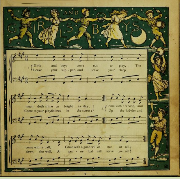 Ein Blatt mit einem Bild von fröhlich tanzenden Kindern in bunten Kleidern und strahlenden Gesichtern neben einem Notenblatt mit der Überschrift "Jungen und Mädchen".