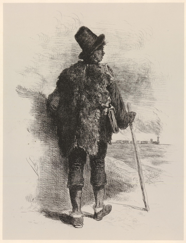 Ein Mann in Zylinder, Mantel und Schuhen hält einen Stock, während er im Schnee steht, dargestellt in Schwarz-Weiß.