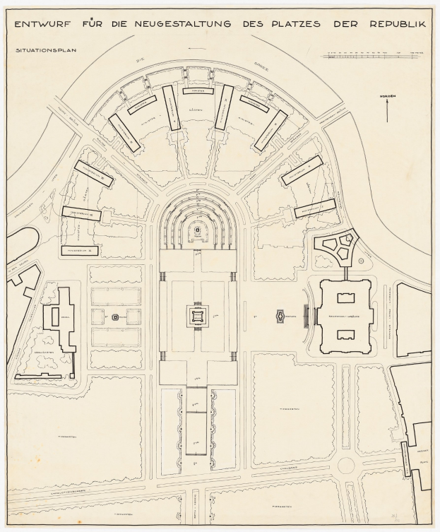 Ein detaillierter Stadtplan von Berlin, Deutschland, mit einer zentralen Illustration eines Gebäudes und der umliegenden Gebietslage.