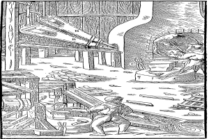 Eine Schwarz-Weiß-Radierung eines Mannes, der in einer Fabrik arbeitet, mit zwei Menschen in der Nähe, die Gegenstände halten, und einem Text unten, der lautet: "Die Schmiedewerkstatt".