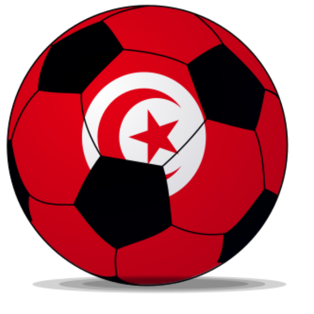 Ein Fußball mit der tunesischen Flagge in den Farben Rot, Schwarz und Weiß vor einem weißen Hintergrund.