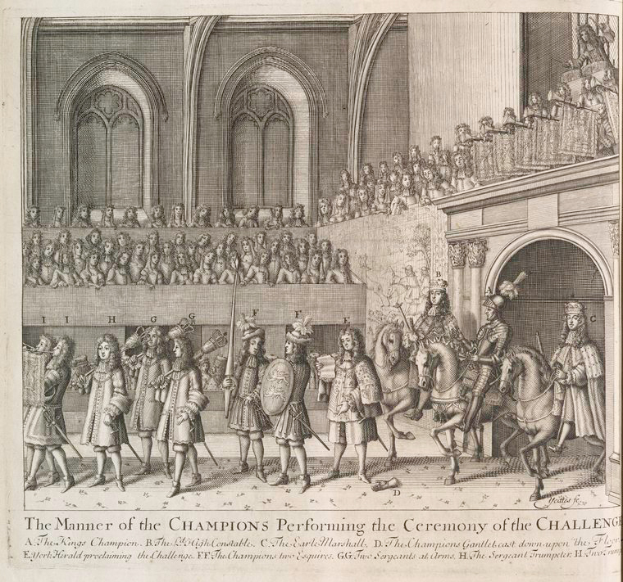 Eine Zeichnung einer Gruppe von Menschen, einige zu Pferde, vor einer Menge und einem Gebäude, mit Text unten, der "Die Art und Weise, wie die Champions die Herausforderung durchführen" liest.