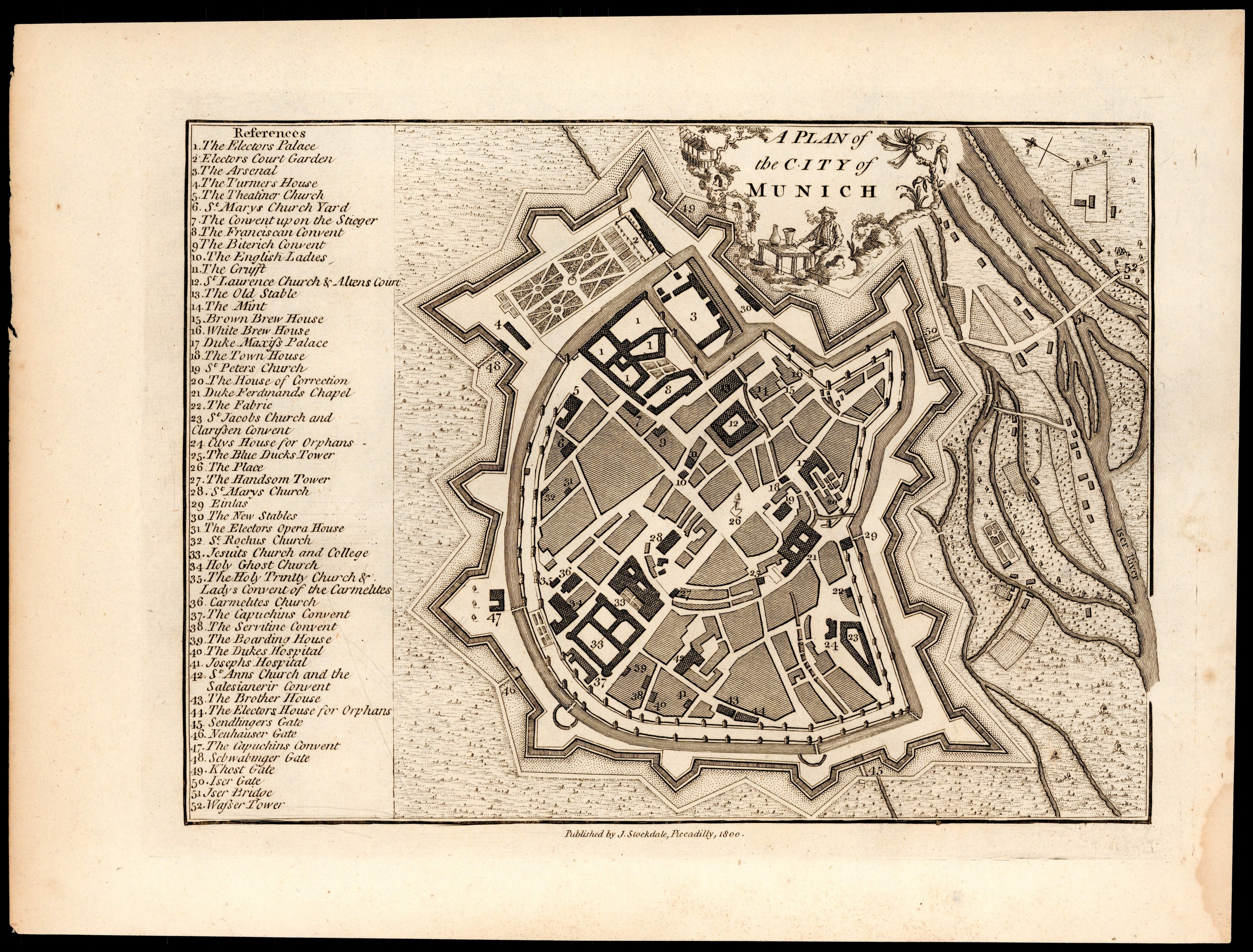Detailreiches altes Stadtplan von München, Deutschland, mit Straßen, Gebäuden und Sehenswürdigkeiten auf einem schwarzen Hintergrund.