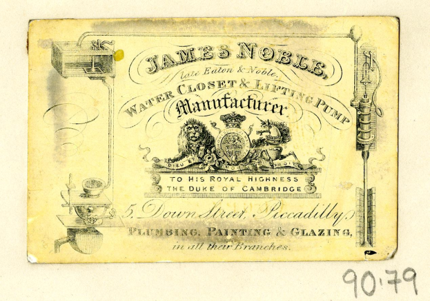 Visitenkarte für James Noble Wasser-Klosett & Hebe-Pumpen-Hersteller mit Produktbeschreibungstext.
