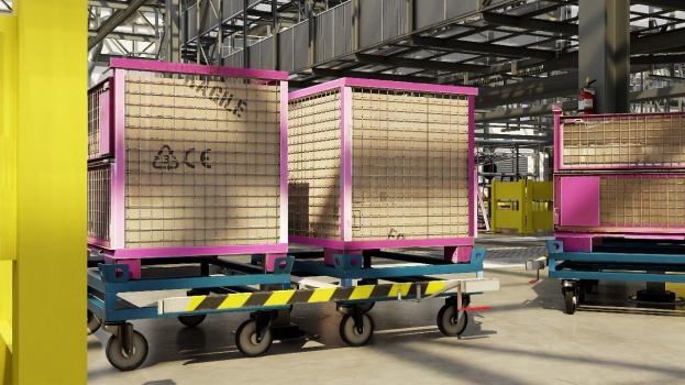 Großes Lager mit gestapelten Kisten auf Rollwagen, einer gelben Säule links, einem Feuerlöscher rechts, Metallstangen im Hintergrund und sichtbarem Boden.