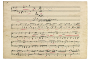 Ein altes Notenblatt auf einem weißen Hintergrund, gefüllt mit Noten und Text, der den Eindruck eines vintage-Stücks vermittelt.