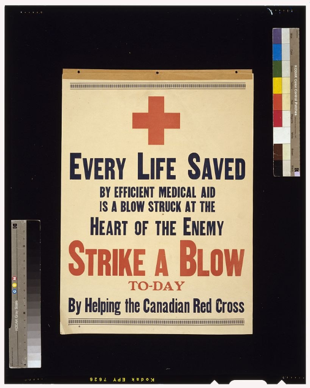 Plakat mit fettem schwarzem Text auf einem weißen Hintergrund, eingerahmt von einem roten Kreuz, der zur Unterst√ötzung der Canadian Red Cross aufruft, um die medizinische Effizienz im Kriegsfall zu verbessern.