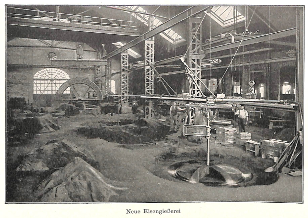 Schwarzes und weißes Foto eines historischen Fabrikinneren mit Arbeitern, die an Maschinen arbeiten, Metallstangen und Pfosten, beschriftet mit "Neue Eisenglebeerei, die erste Fabrik in Deutschland" unten.