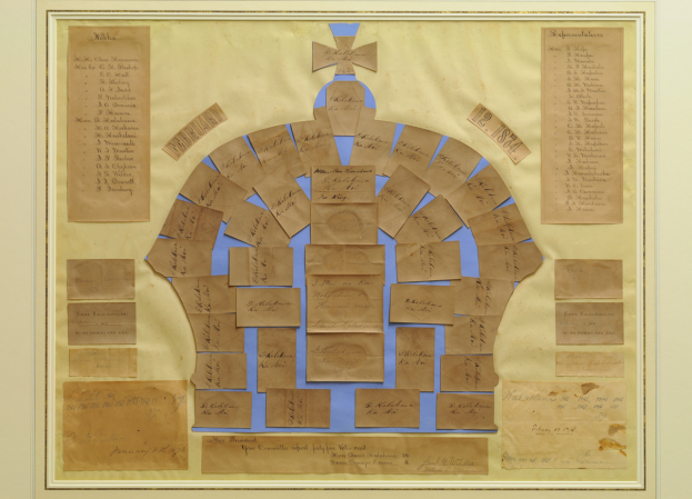 Ein Fotorahmen zeigt einen Familienstammbaum mit einer Krone ├╝berkopf, angeordnet in einem kreisf├Ârmigen Muster mit mehreren Karten mit Text.