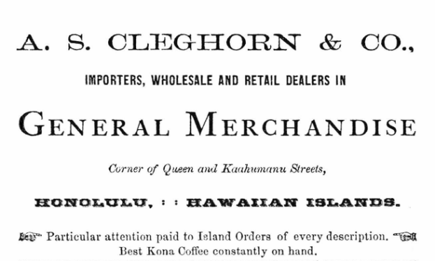 Ein Schwarz-Weiß-Blatt mit der Aufschrift "A.S. Cleghorn & Co. Importeure, Groß- und Einzelhandelsgeschäft für Allgemeine Handelswaren" darauf.