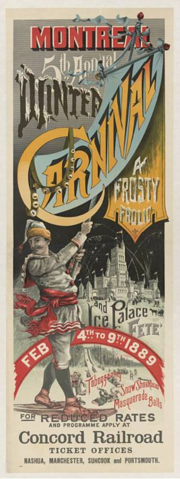 Eine Person steht vor einem frostigen Palast mit der Aufschrift 'Montreal Winter Carnival' darüber, wirbt für das Event in Montreal, Quebec, Kanada.