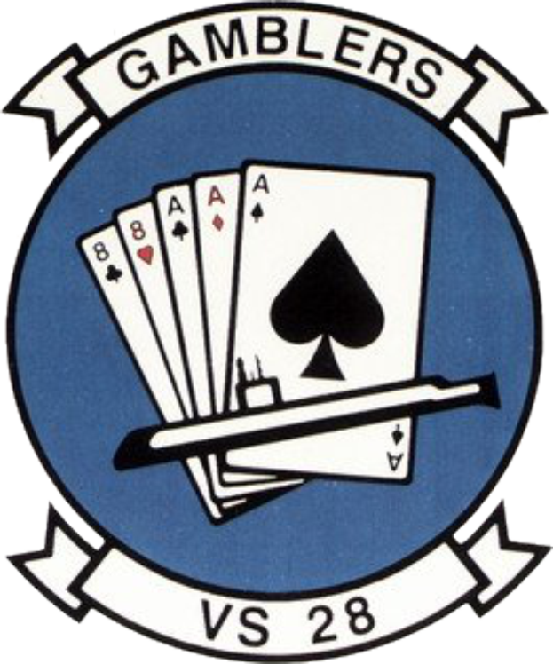 Ein blau-weißes Logo mit der Aufschrift 'Gamblers vs 28', begleitet von Spielkarten und einem Stock, der wahrscheinlich ein Glücksspiel darstellt.