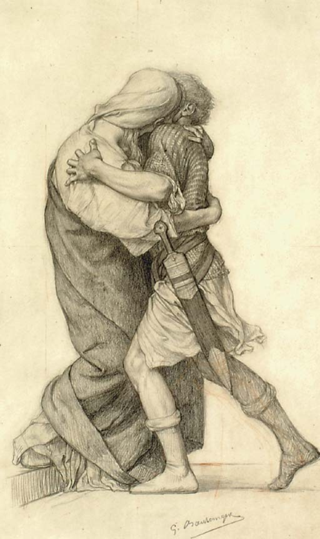 Eine Zeichnung eines Mannes und einer Frau, die sich in einer leidenschaftlichen Umarmung befinden, wobei der Mann ein Schwert hält, und ein Text unten.