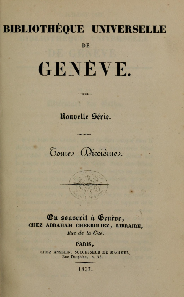 Altes Buch mit dem Titel 'Bibliothèque Universelle de Geneve' offen, um Text im Inneren zu zeigen.