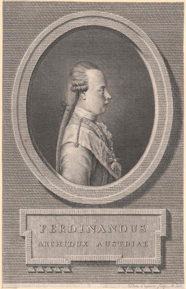 Gravur von Ferdinand, Erzherzog von Österreich, mit einem zentralen Porträt, das sein Gesicht im Profil mit einem leichten Lächeln, zurückgekämmtem Haar und einem dunklen Mantel mit hohem Kragen zeigt, begleitet von Text unten.