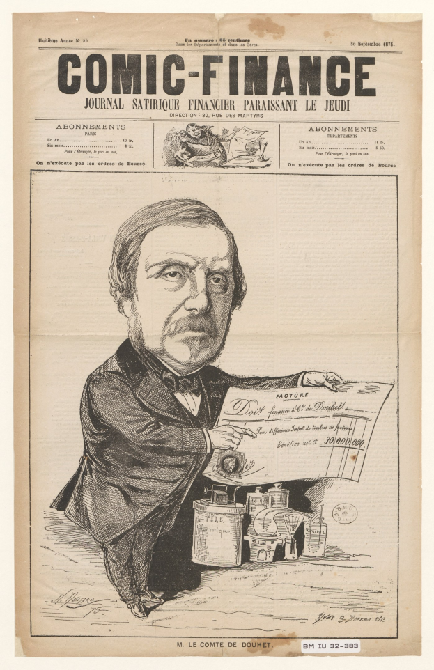 Schwarze und weiße Illustration eines Mannes in Anzug und Krawatte, der ein Blatt Papier mit Text und Zahlen hält, aus einer alten Zeitung.