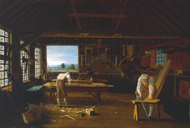 Gemälde mit dem Titel 'Die Schreinerwerkstatt' von William Hogarth, das zwei Männer bei der Arbeit in einer Werkstatt zeigt, mit einem Tisch voller Werkzeuge und anderer Gegenstände in der Mitte des Raumes, Fenstern auf der linken und rechten Seite und einer Hintergrundansicht von Bäumen, Bergen und Himmel.