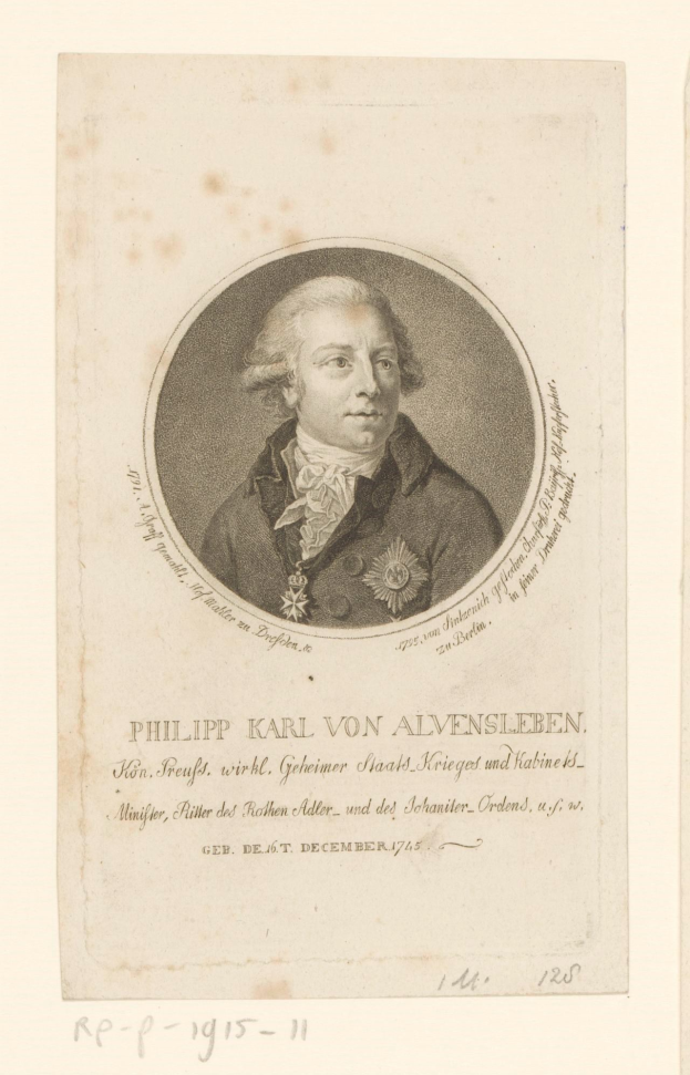 Porträt von Philipp Karl von Alvensleben, einem deutschen Staatsmann, der einen Anzug und eine Krawatte trägt und einen ernsten Gesichtsausdruck hat, mit dunklen Haaren und verschränkten Händen, der in die Ferne schaut, mit Text auf dem Bild.