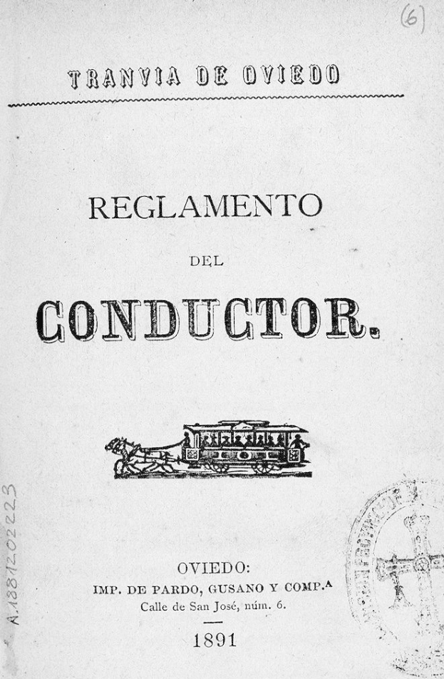 Altes Buch mit dem Titel "Reglamento de Conductor" und einer Zugzeichnung auf dem Cover sowie einem Stempel auf der rechten Seite.