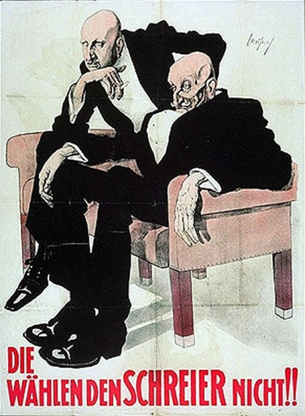 Deutsches Propagandaplakat der NSDAP mit zwei Männern auf einem Sofa mit Textüberlagerung.