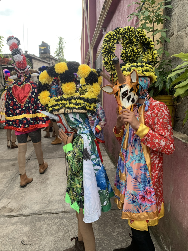 Eine Gruppe von Menschen in farbenfrohen Kostümen posiert für ein Foto während eines Faschingsumzugs, mit Bäumen, Gebäuden und einem klaren blauen Himmel im Hintergrund.