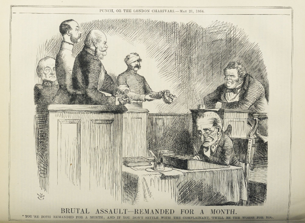 Eine Zeichnung von einer Gruppe von Menschen, die um einen Tisch sitzen und Bücher und Gegenstände haben, und ein Text unten, der 'brutale Attacke - vorläufig festgenommen' liest.