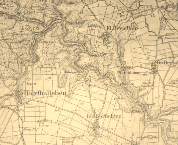 Ein detaillierter alter Stadtplan von Holzthalleben, Deutschland, mit Straßennamen, Gebäuden und anderen Merkmalen sowie Textbeschriftungen.