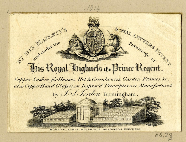 Alte Visitenkarte mit der Aufschrift 'Die Königlichen Highmills des Prince Regent' mit einem Bild eines Gebäudes und Bäumen.