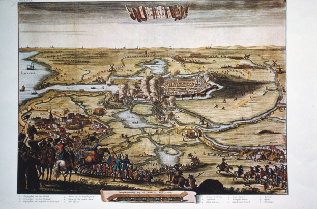 Ein historischer Kartenposter der Schlacht von Waterloo mit Truppen, Pferden und Gelände, mit der Aufschrift "Die Schlacht von Leipzig" oben.