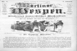 Eine alte Zeitung namens 'Berliner Wespen' vom 21. Februar 1873, die eine Gruppe von Menschen in traditioneller deutscher Kleidung zeigt.