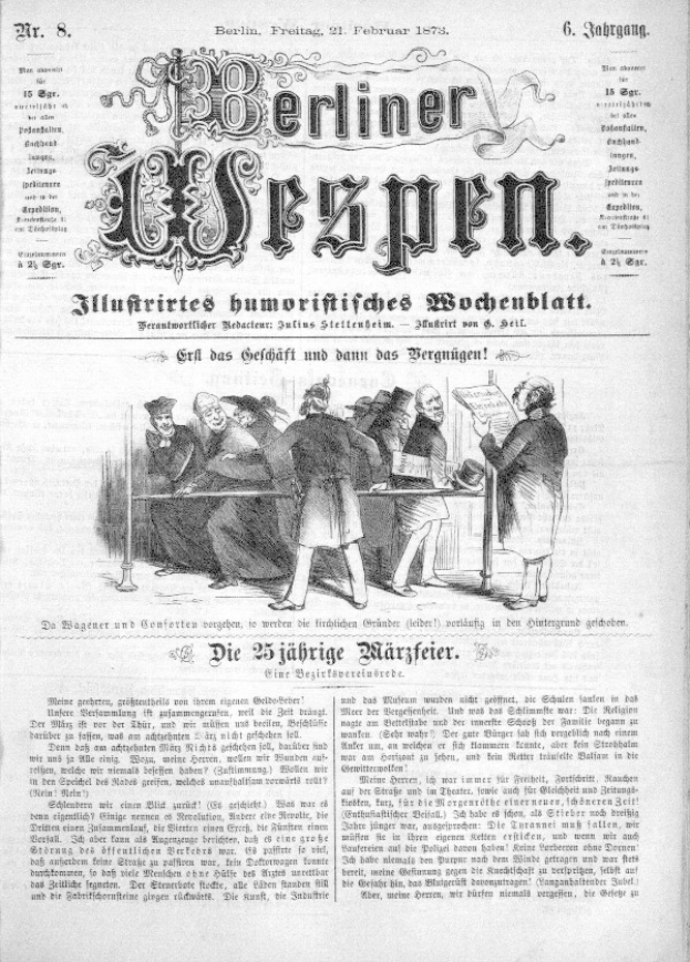 Eine alte Zeitung namens 'Berliner Wespen' vom 21. Februar 1873, die eine Gruppe von Menschen in traditioneller deutscher Kleidung zeigt.