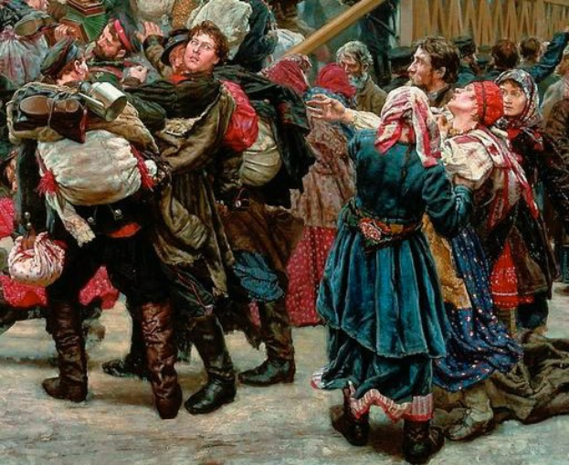 Ein Gemälde, das eine lebhafte Gruppe von Menschen in traditioneller russischer Kleidung vor einem Publikum tanzt, einige halten Gegenstände, vor einem hölzernen Haushintergrund während einer Szene, die an die russische Revolution erinnert.