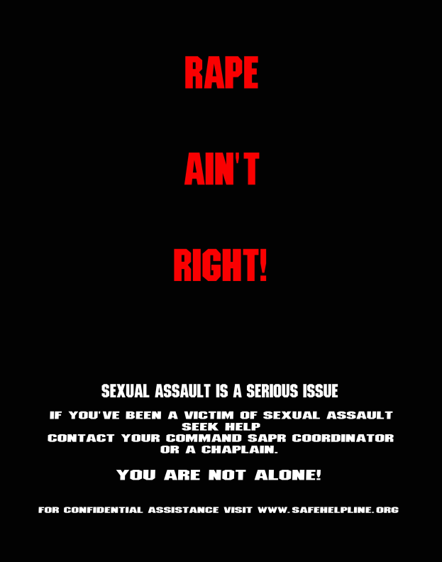 Ein Plakat mit fetten, schwarzen Buchstaben auf einem weißen Hintergrund, das «Rape Ain't Right: Sexual Assault is a Serious Issue» lautet, eingerahmt von einem schwarzen Rand.