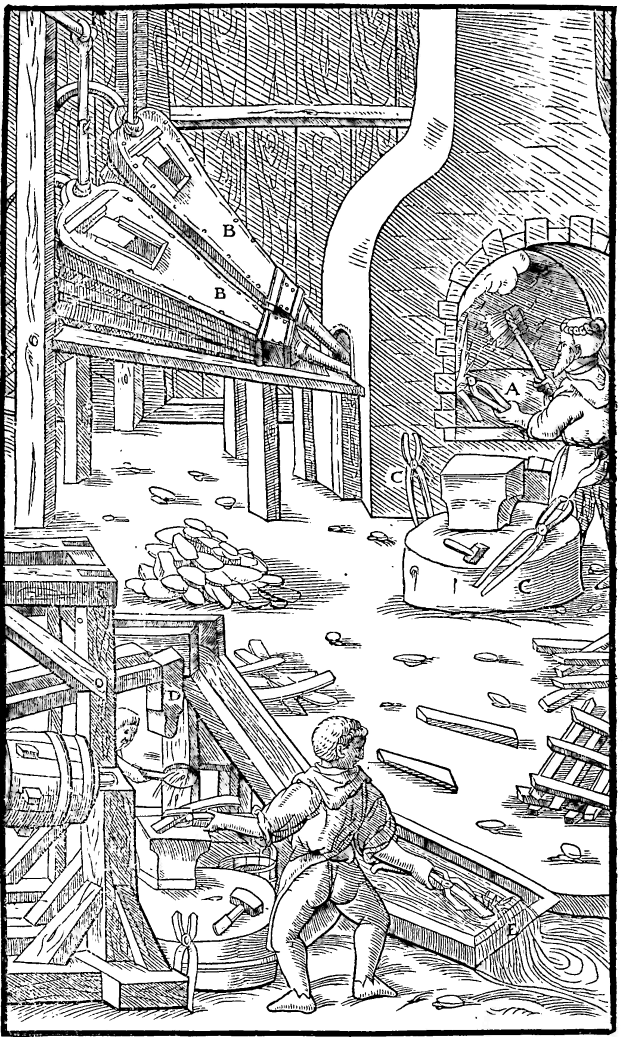 Eine Schwarz-Weiß-Radierung eines Mannes, der in einer Fabrik arbeitet, mit zwei Menschen in der Nähe, die Gegenstände halten, und einem Text unten, der lautet: "Die Schmiedewerkstatt".