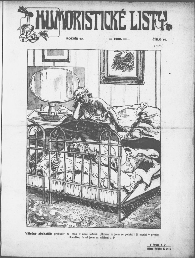 Schwarz-weiß-Zeichnung einer Person, die auf einem Bett liegt, mit einem Spiegel auf dem Nachttisch und einem Rahmen an der Wand, begleitet von Text, der "humoristicke list - czechoslovakia - april 20, 1920" an der Spitze und am Boden liest.