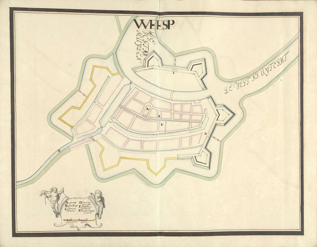 Detailierte Karte von Wiesbaden, Deutschland, mit Straßen, Gebäuden und Sehenswürdigkeiten auf altem Papier mit handgeschriebenen Notizen und Zeichnungen.